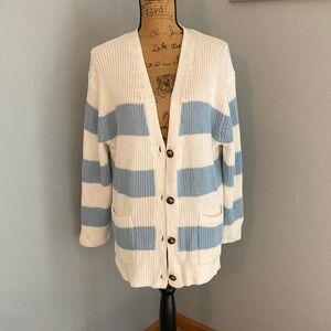 John + Jenn Light Blue and White Striped Cardigan Women Size Medium